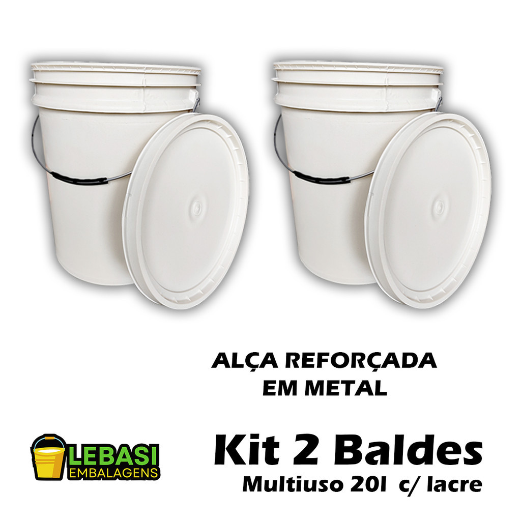 Kit 2 Baldes Plásticos 20l Branco Com Tampa E Lacre Multiuso Reforçado