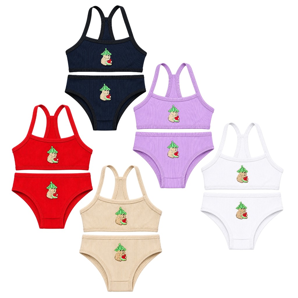 Kit Conjunto Infantil Capivara Canelado Forrado Algodão Confortável Top e Calcinha 1 a 8 Anos