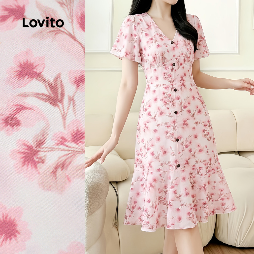 Lovito Vestido Casual com Flores e Babados para Mulheres Primavera/Verão LK6ED765