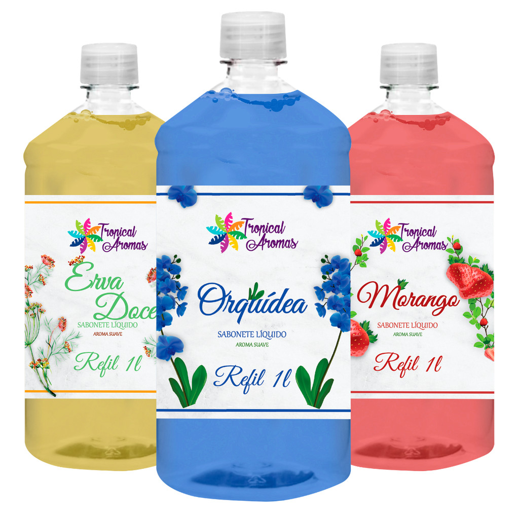 Kit Refil Sabonete Líquido Erva Doce + Orquídea + Morango Tropical Aromas 1L