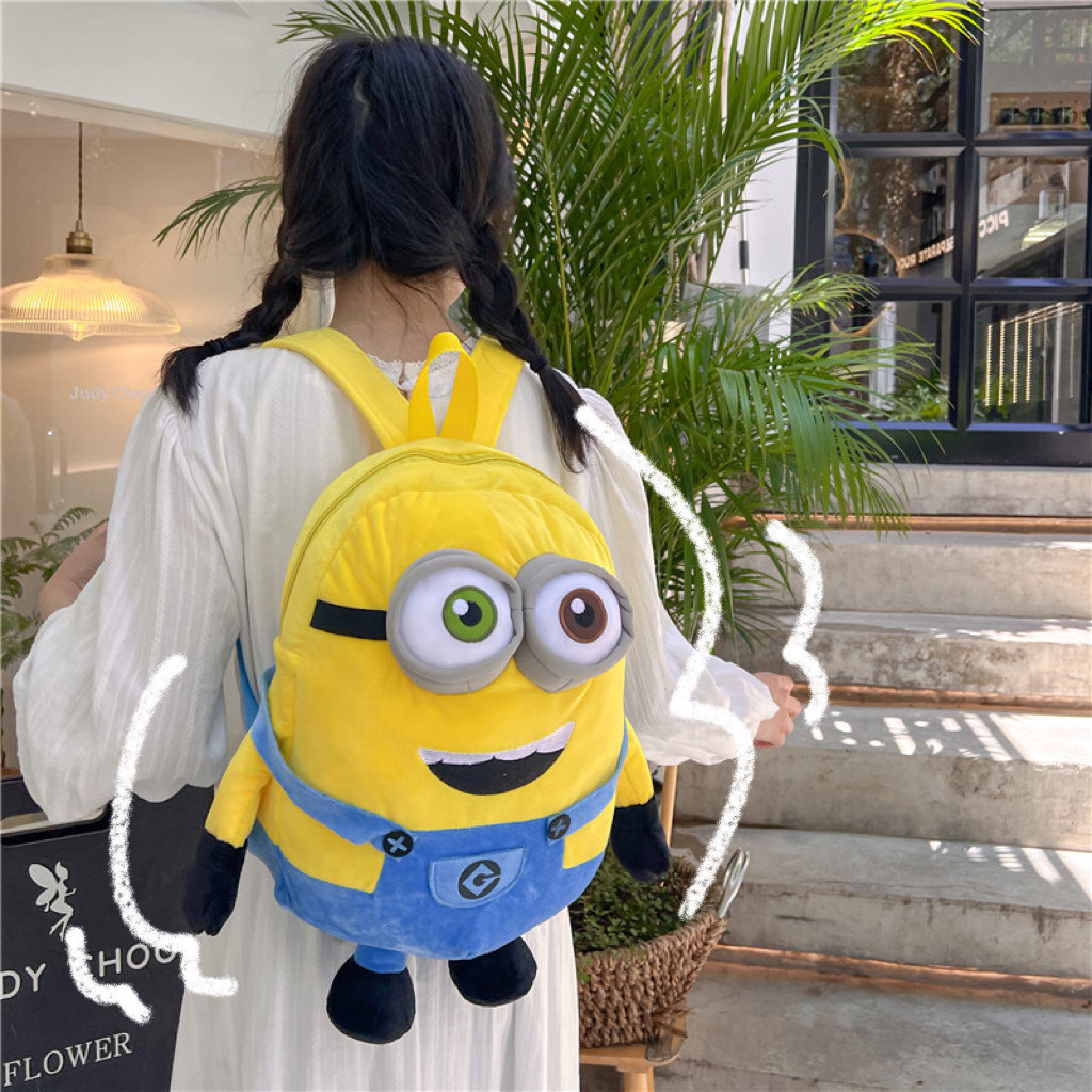 Mochila de Pelúcia Tridimensional dos Minions para Adultos e Crianças, Mochila de Desenho Animado, Bonita, com Olhos Gra