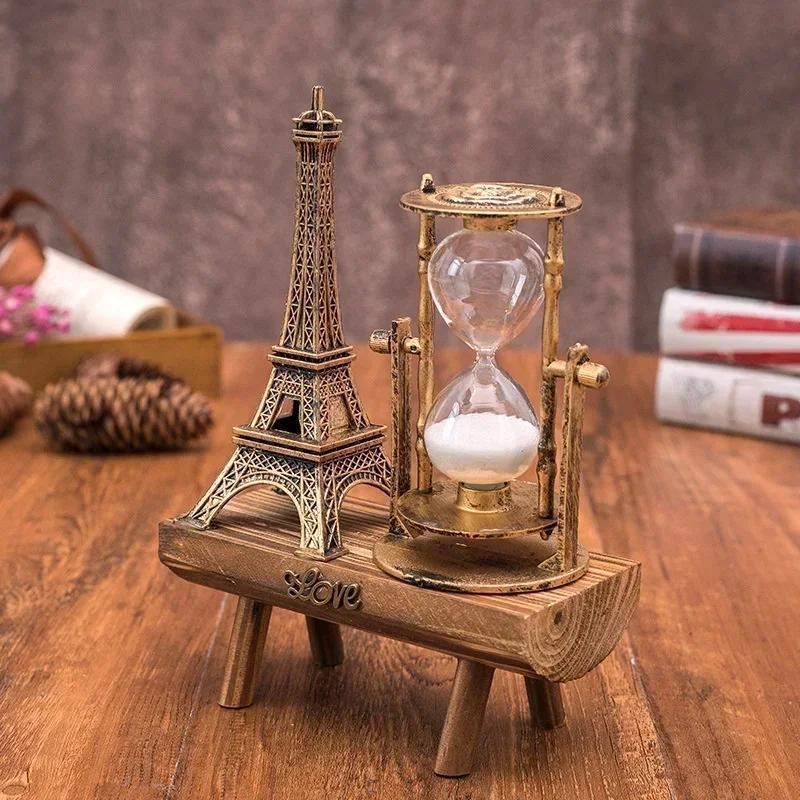 Decoração De Casa Pequeno Artesanato Criativo Retro Torre De Ferro Ampulheta Ornamentos Simples E Moderno Pêndulo De Mad