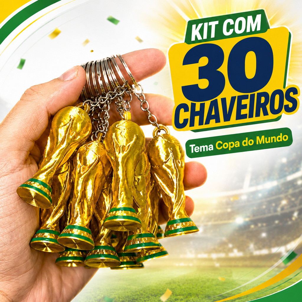 Kit 30 Chaveiros Taça Dourada Futebol Copa Do Mundo Brinde Lembrancinha Festa Evento