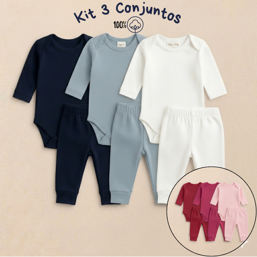 3 Conjunto Bebê Suedine Body Manga Longa e Calça Para Bebê Algodão RN P M G