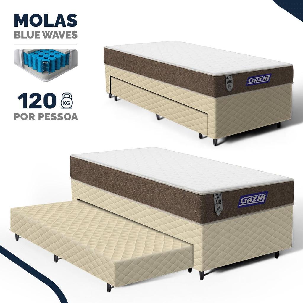 Cama Box com Colchão Gazin de Molas Ensacadas One Face Air Light + Auxiliar de Espuma Solteiro 88cm