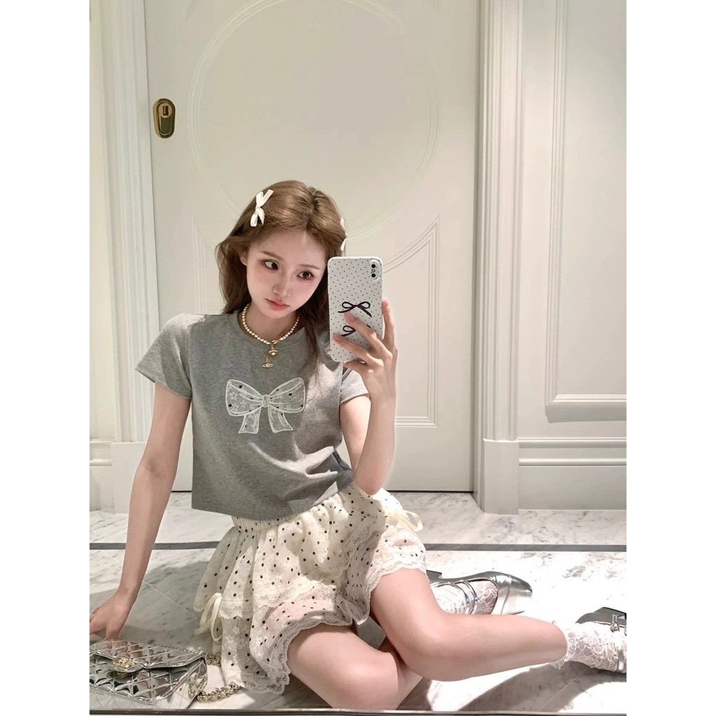 Saia doce menina terno feminino doce cinza arco manga curta camiseta renda bolinhas saia terno de duas peças