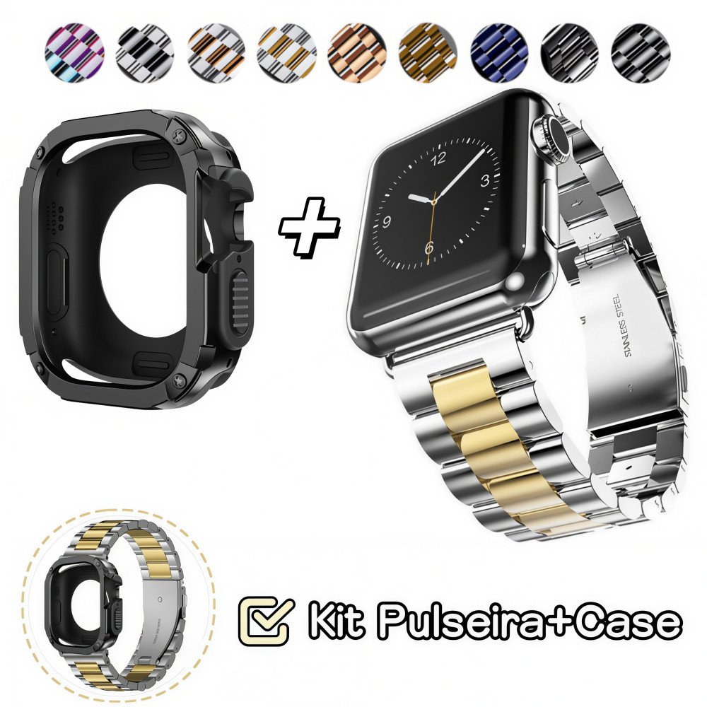 Kit Metal Pulseira Aço Inoxidável+2 Em 1 Capa Proteção Para Apple Watch 11 10 46