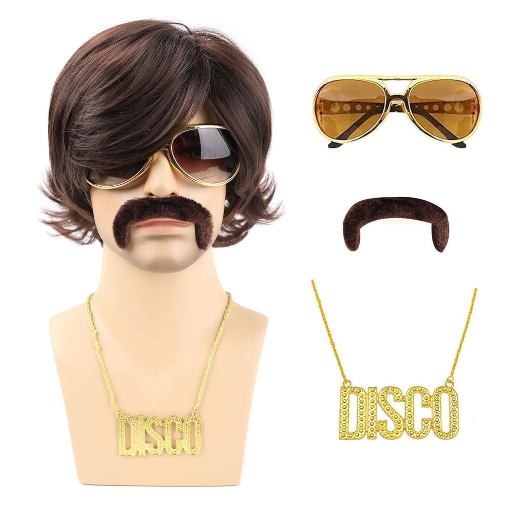 Peruca Masculina Marrom, Conjunto de 5 Peças (Peruca + Óculos + Colar + Bigode + Touca para Peruca), Peruca Curta Ondula
