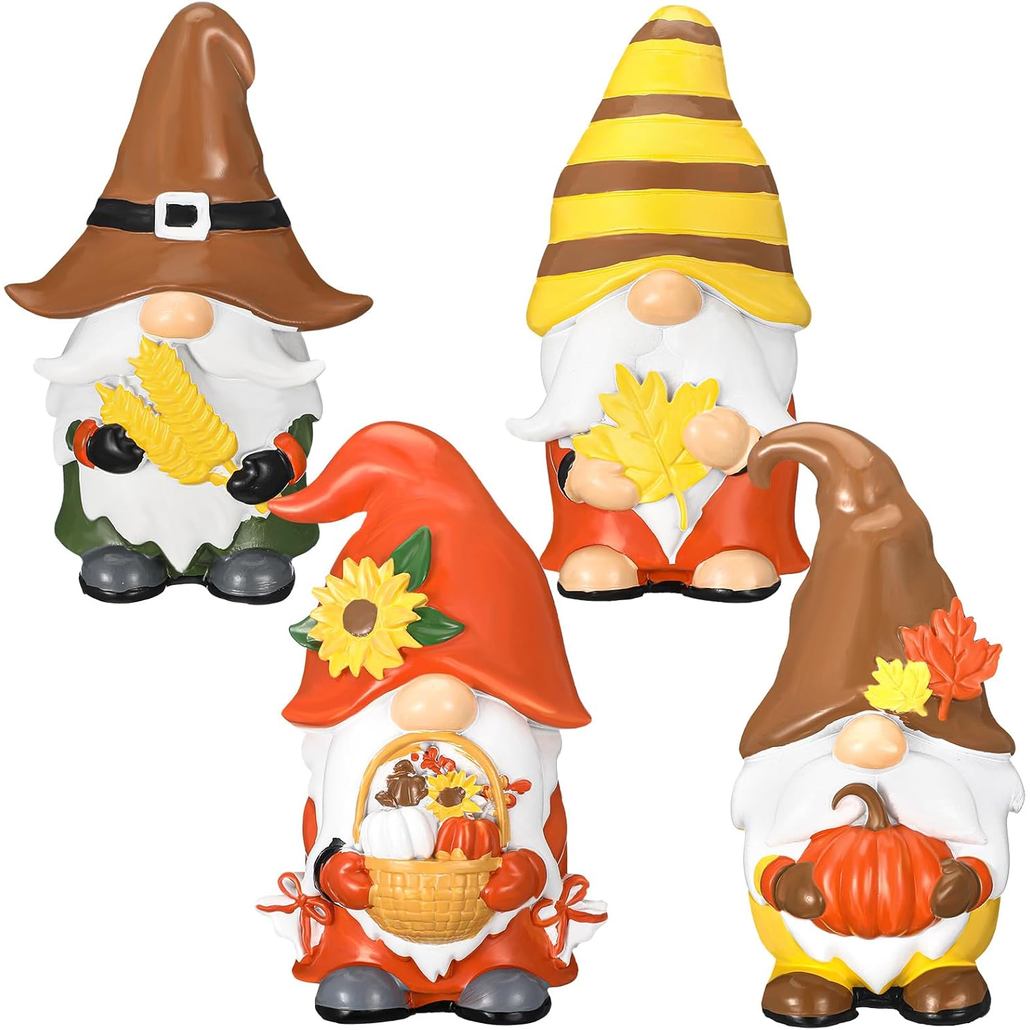 Wenqik 4 Peças de Decoração de Gnomos de Ação de Graças, Figuras de Gnomos de Resina para o Outono, Decoração de Gnomos