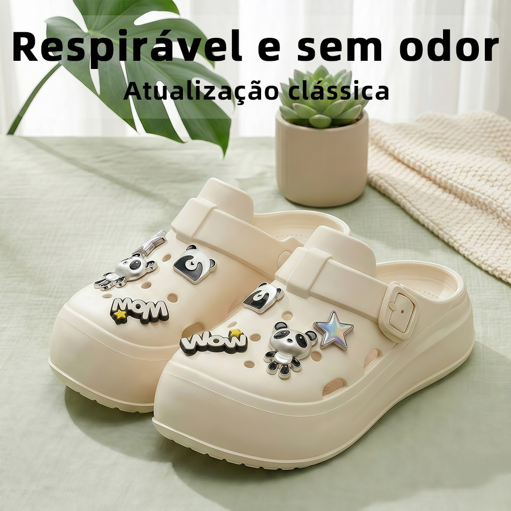 Babuche Rasteira Sandália Feminino Plataforma Sola Grossa com Buracos e Bótons Macio Confortável Anti-deslizamento