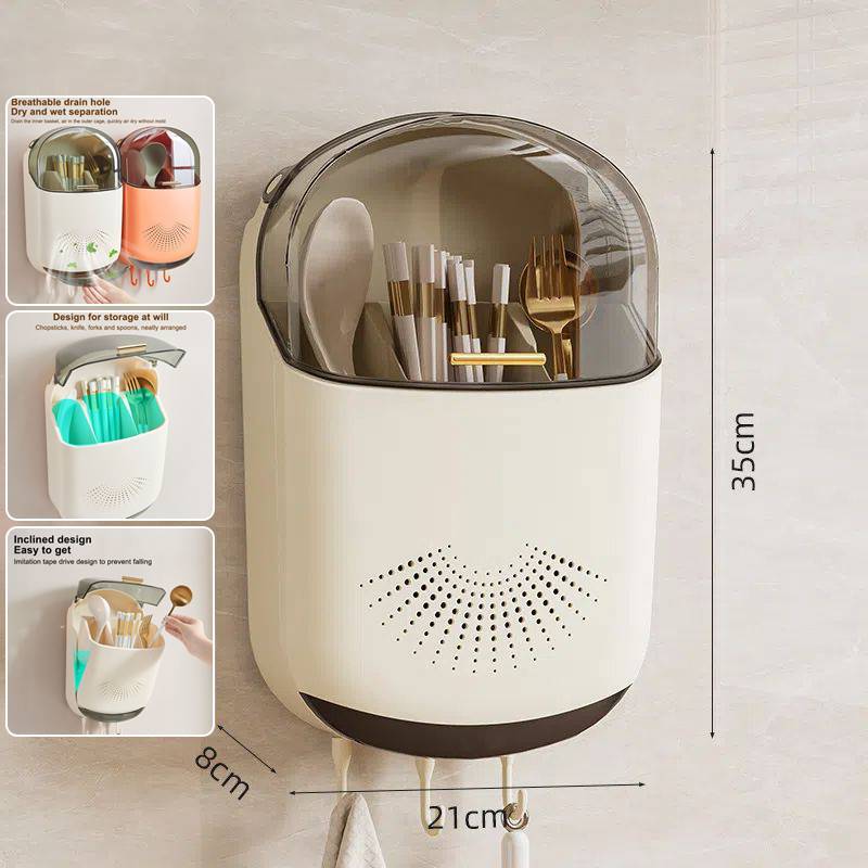 Finegoodwell3 Caixa De Armazenamento De Talheres De Cozinha Suporte Montagem Na Parede Com Tampa Colher À Prova De Poeir