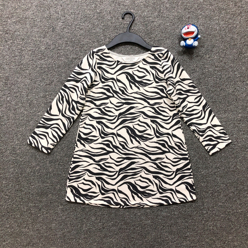 E5-1 Roupas Infantis Crianças Primavera Outono Casual Solto Zebra Impresso Vestido de Manga Comprida