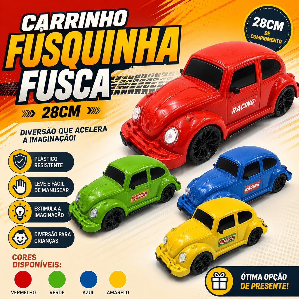 Carrinho De Brinquedo Fusquinha Fusca Infantil 28cm Cores Variadas