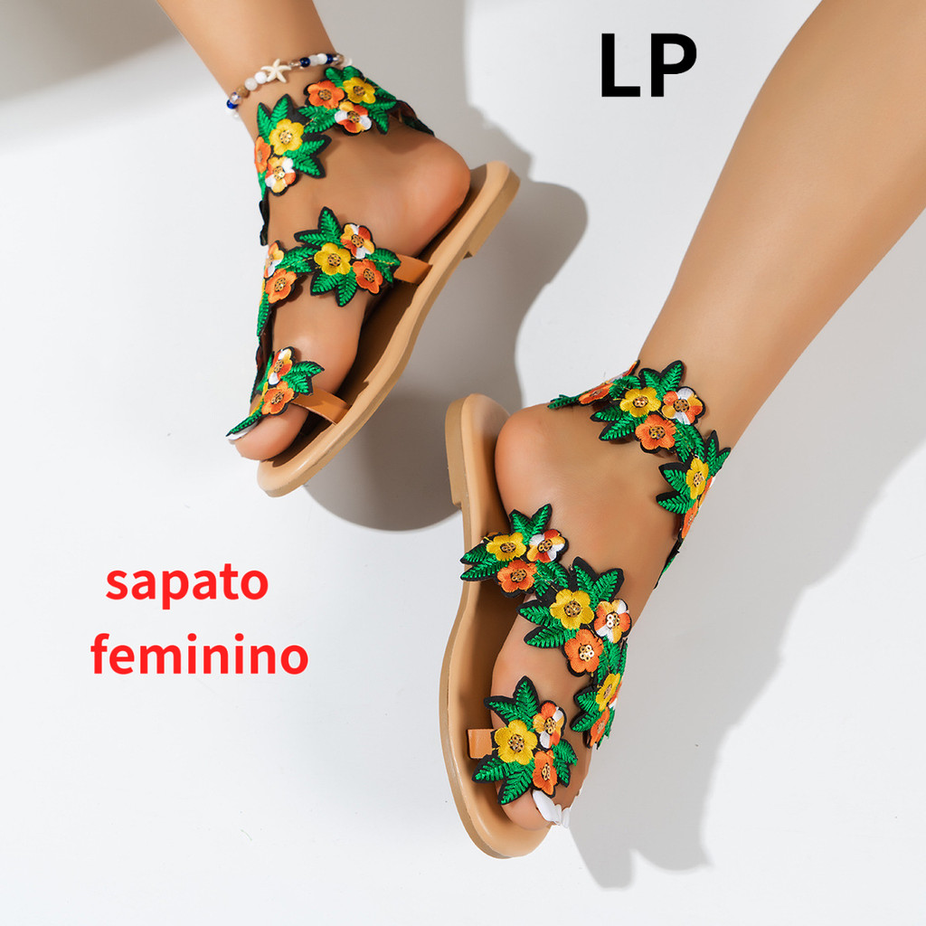 Sandálias Femininas Plus Size LP para o Verão, Estilo Étnico, Coloridas, Florais, Planas, Calçados Casuais para Praia