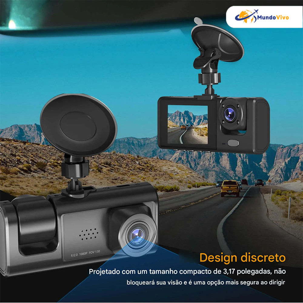 Câmera DVR WiFi 64GB, Espelho Retrovisor 3 Lentes, Gravação 1080P HD e Vigilância de Estacionamento 24h