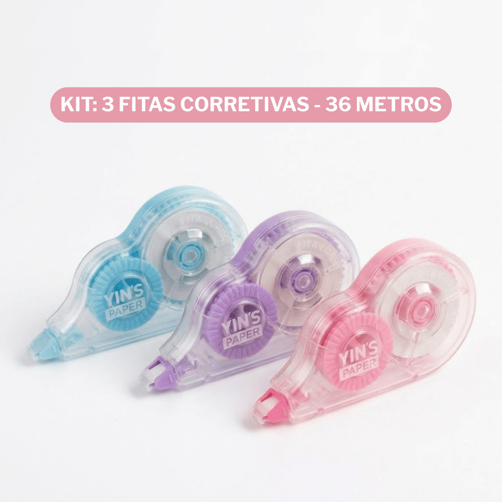 Kit 3 Fita Corretiva 12m para Professor Caderno Correção Rápida Sem Borrar Escrita Limpa Rosa Lilás Azul Escola