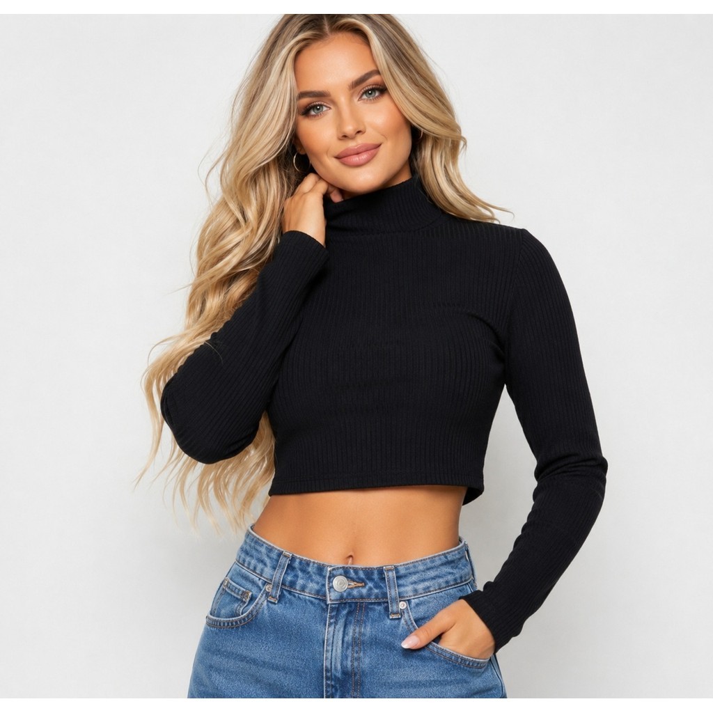 blusa cropped feminino gola alta manga longa canelado elastano perfeito top moderna