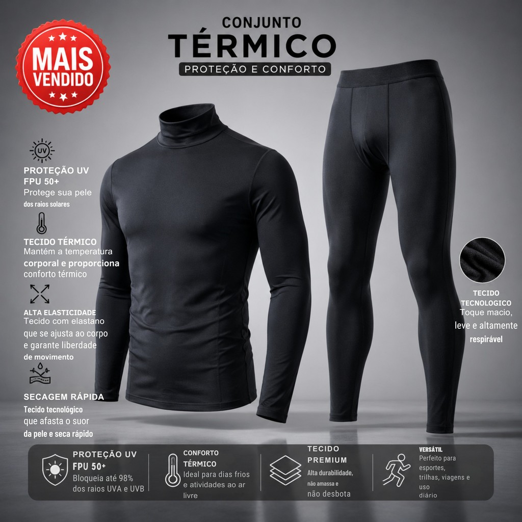 Kit Calça Térmica e Camisa Térmica Gola Alta Masculina Manga Longa Proteção UV 50+ Casual Lisa