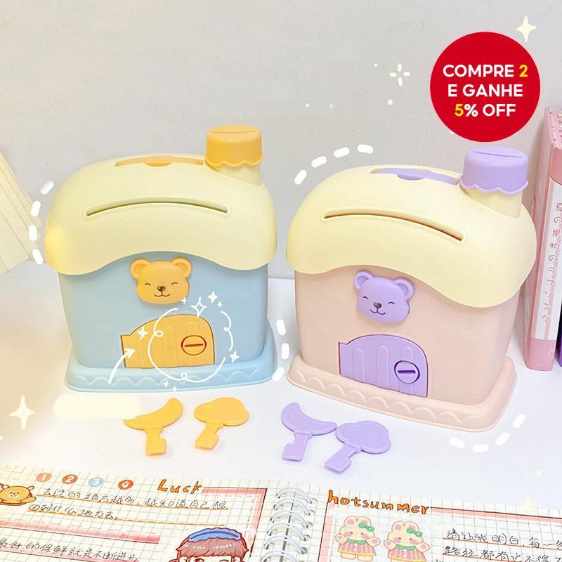 Cofre Infantil Formato de Casa Urso para Decoração, Presente