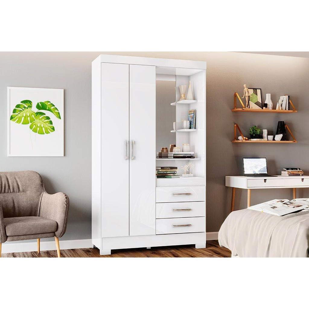Guarda Roupa Solteiro 2 Portas e 3 Gavetas c/ Espelho e Pés Briz B64 Branco/Rosa - Henn