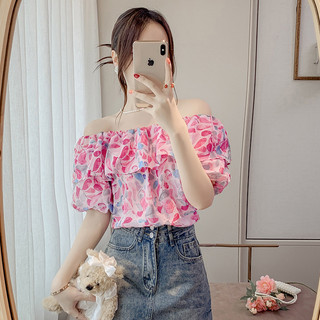 Curto de manga curta quente menina pescoço quadrado Floral francês Retro verão de manga curta pequena camisa Chiffon um 