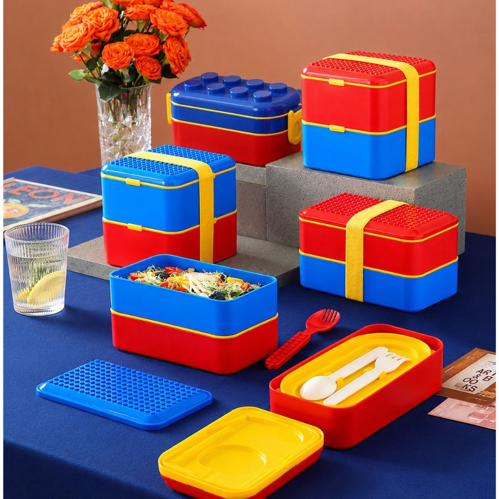 Marmita Infantil Blocos Montar Lancheira Bento Com Talher Microondas Freezer Escolar Colorida LEGO