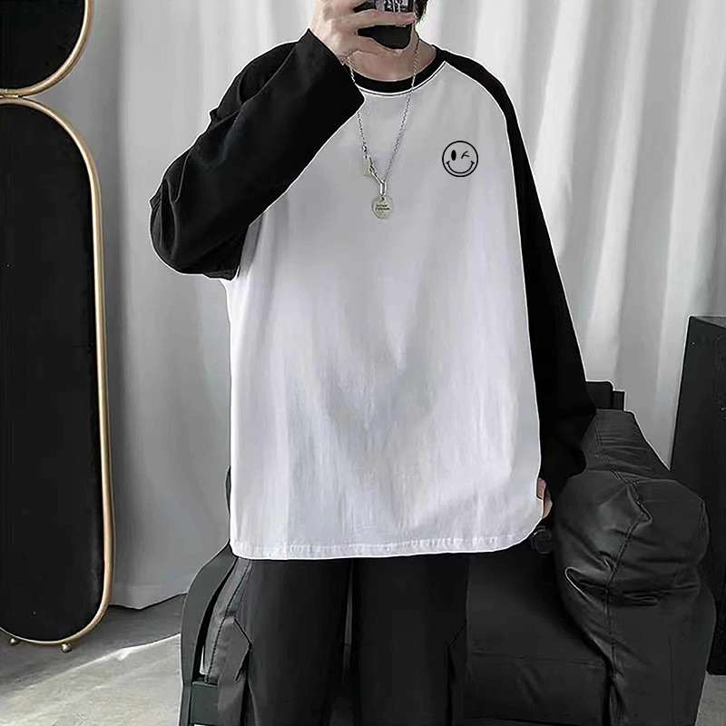 Raglan camiseta de manga comprida masculina primavera outono americano Retro ins Street Wear costura contraste cor puro 
