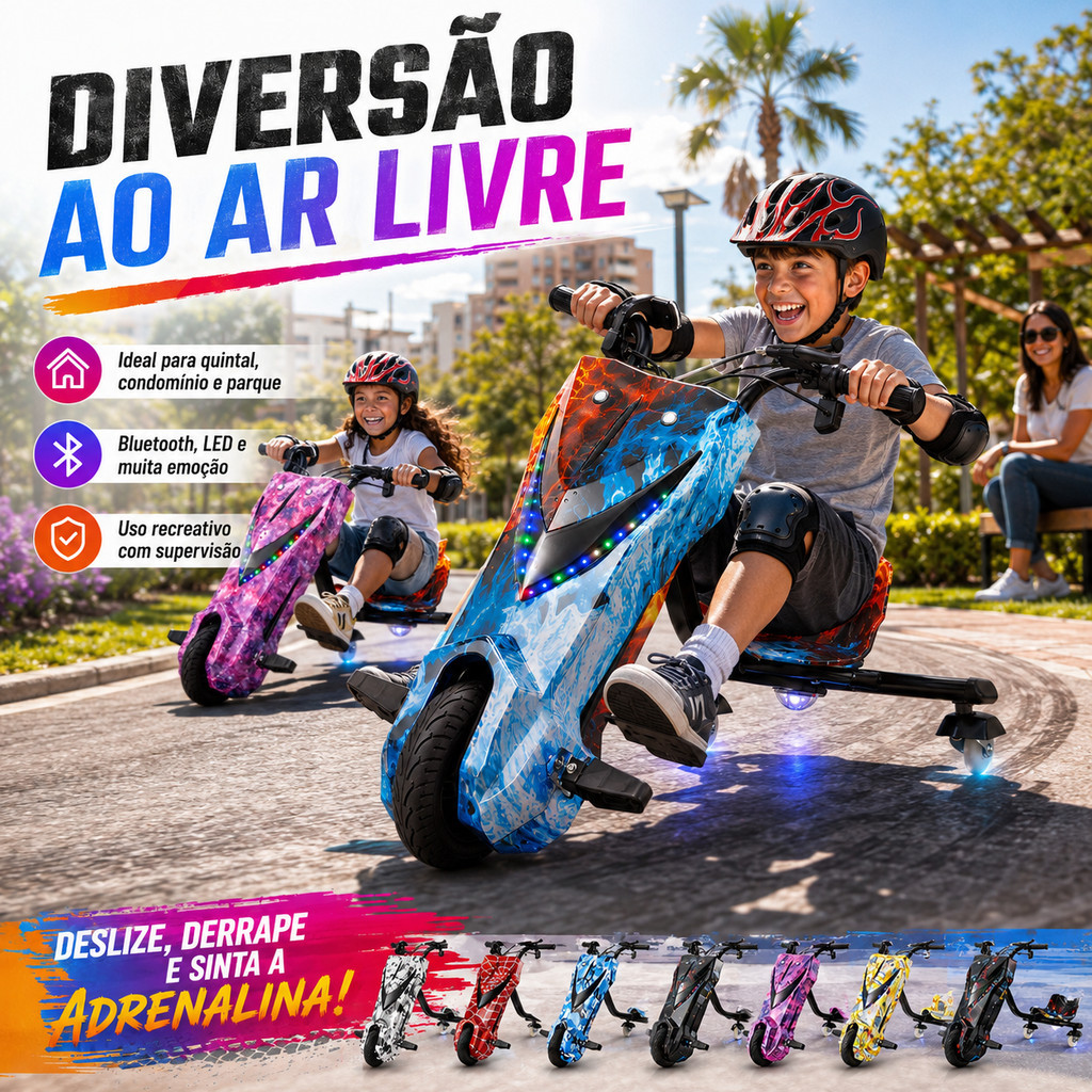 Carrinho de Drift 360° Elétrico Infantil com Bluetooth Luzes LED Bateria de Lítio 36V