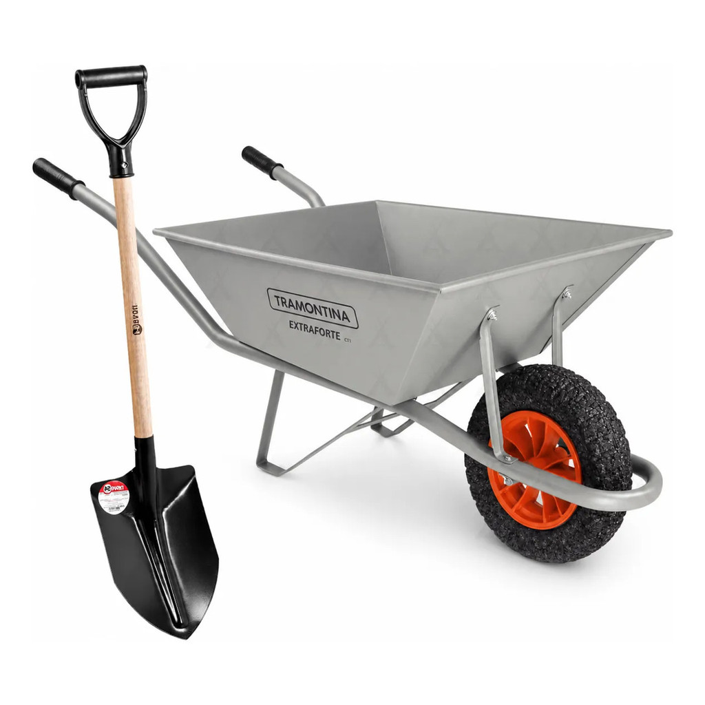 Carrinho De Mão Extraforte 65L Pneu Maciço De Obra Tramontina + Pá De Bico - Pedreiro Construção