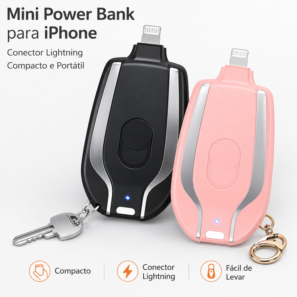 Carregador Portátil Chaveiro para iPhone Lightning Mini Power Bank de Emergência
