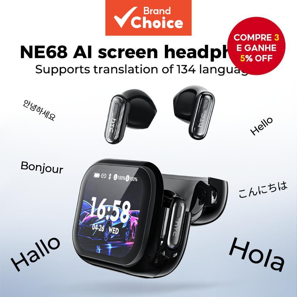 Fones de ouvido HTC NE68, tradução automática em 134 idiomas, redução de ruído, Bluetooth 6.0, TWS, tela sensível ao