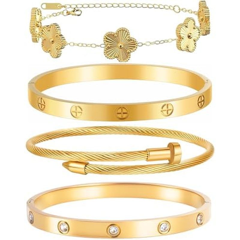 Pulseiras Femininas Empilháveis De Ouro Floral – 4 Peças De Pulseira Banhada A 18K , De Aço Inoxidável Sem Manchas , Con