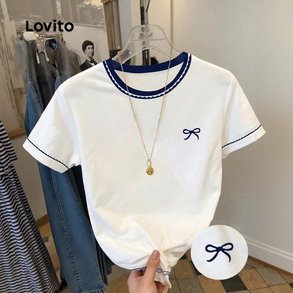 (New Arrival) Lovito Camiseta Casual e Acabamento em Viés Primavera/verão Off white L196ED737