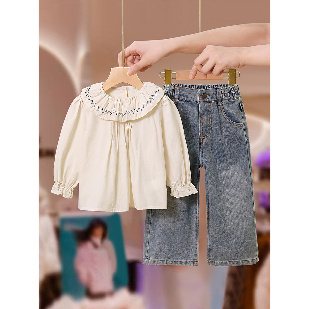 Meninas terno primavera outono 2026 novo estilo bebê moda de manga comprida gola boneca superior Jeans terno de dua