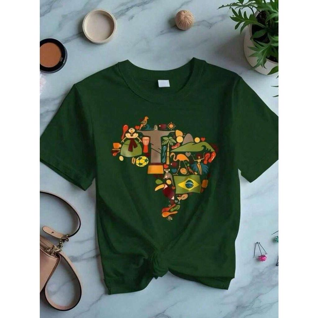 Camiseta Estampada Feminina Mapa do Brasil Brasilidades 100% Algodão Verão Confortável