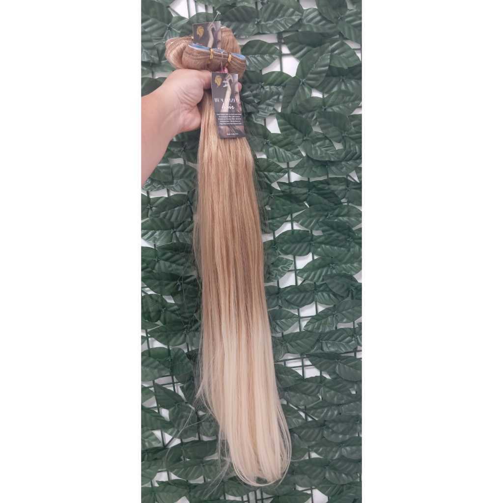 Aplique de Cabelo na Fita Adesiva Mega Hair Natural Fibra Russa Liso Loiro Perola 60cm Premium