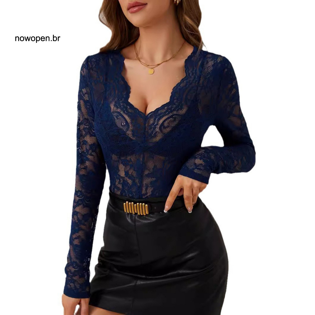 Low Neckline Blouse Women Lace Tops Women’s V-neck Long Sleeve Top See-through Floral Design Pullover Slim Fit Layerin