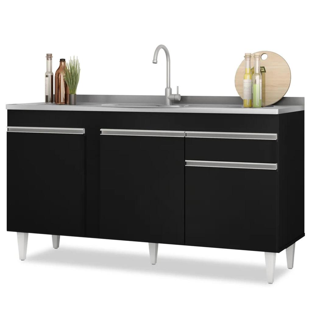 Balcão Gabinete com Pia Inox 150cm 3 Portas 1 Gaveta Dakota Preto - Lumil
