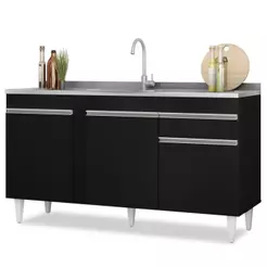 Balcão Gabinete com Pia Inox 150cm 3 Portas 1 Gaveta Dakota Preto - Lumil