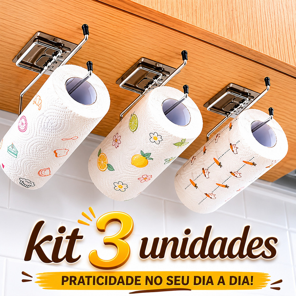 Kit 3 Porta Rolos Multiuso | Suporte Adesivo para Cozinha, Banheiro e Lavanderia - WJ