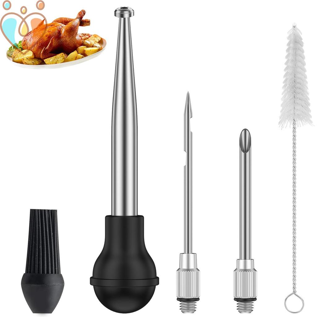 Seringa De Baster De Peru Em Aço Inoxidável Com Escova De Limpeza Injetor De Marinada De Carne 2 Agulhas E Bulbo Redondo