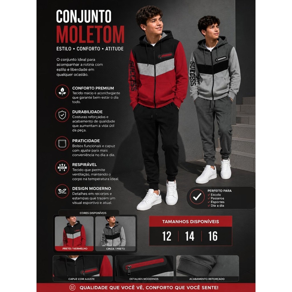 Conjunto de Moletom Masculino Juvenil Tendência Inverno Confortável Moderno com Capuz 12 14 16