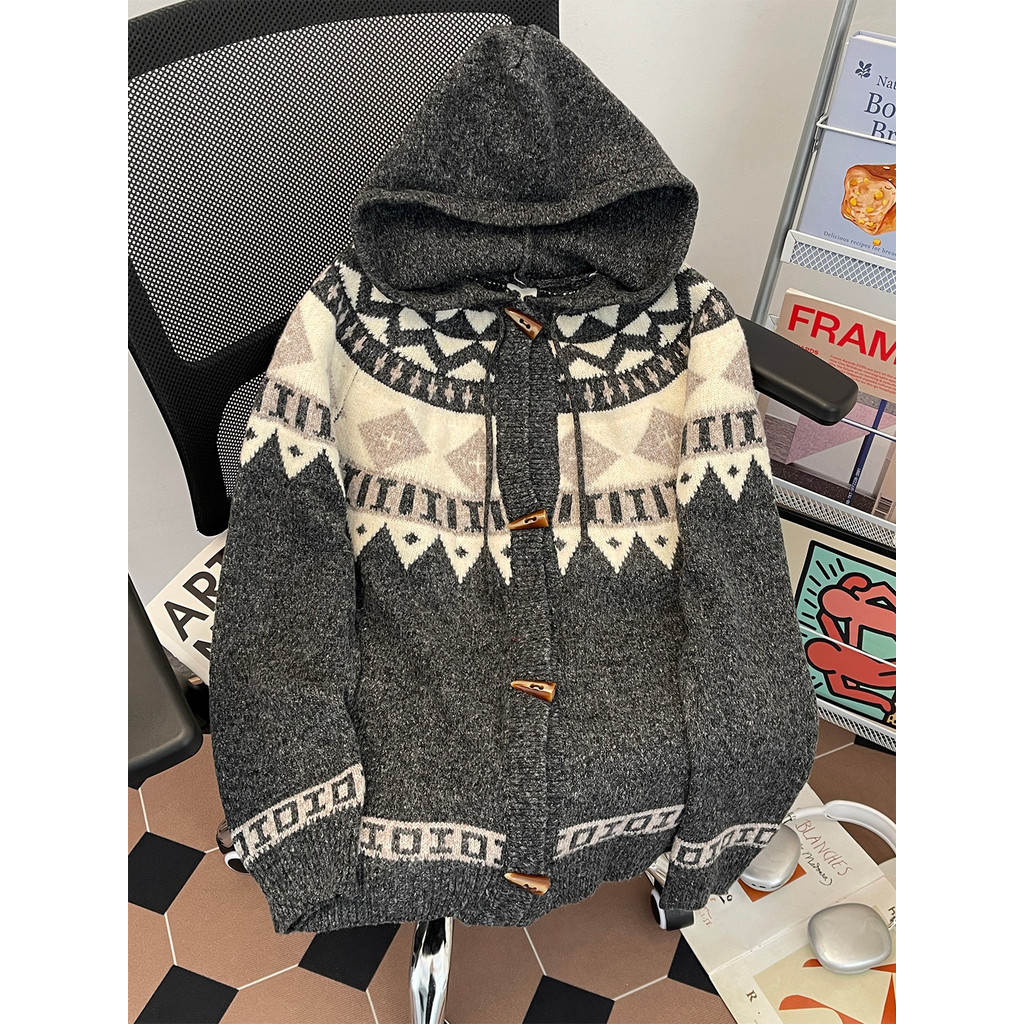 Suéter cardigã com capuz Jacquard pesado, masculino, feminino, outono inverno, roupa de rua, botão de chifre, suéter de
