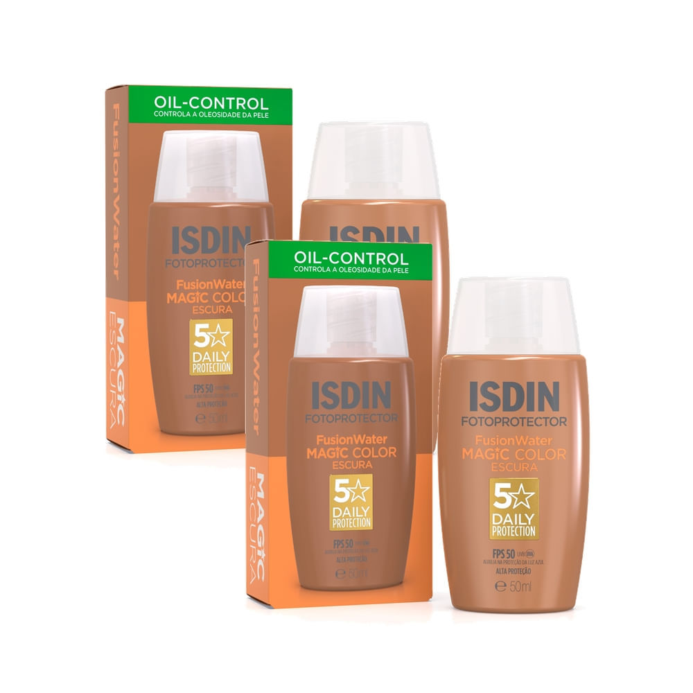 Kit 2 Protetor Solar Facial ISDIN Fusion Water Magic Color FPS 50 Cor Escura 50ml