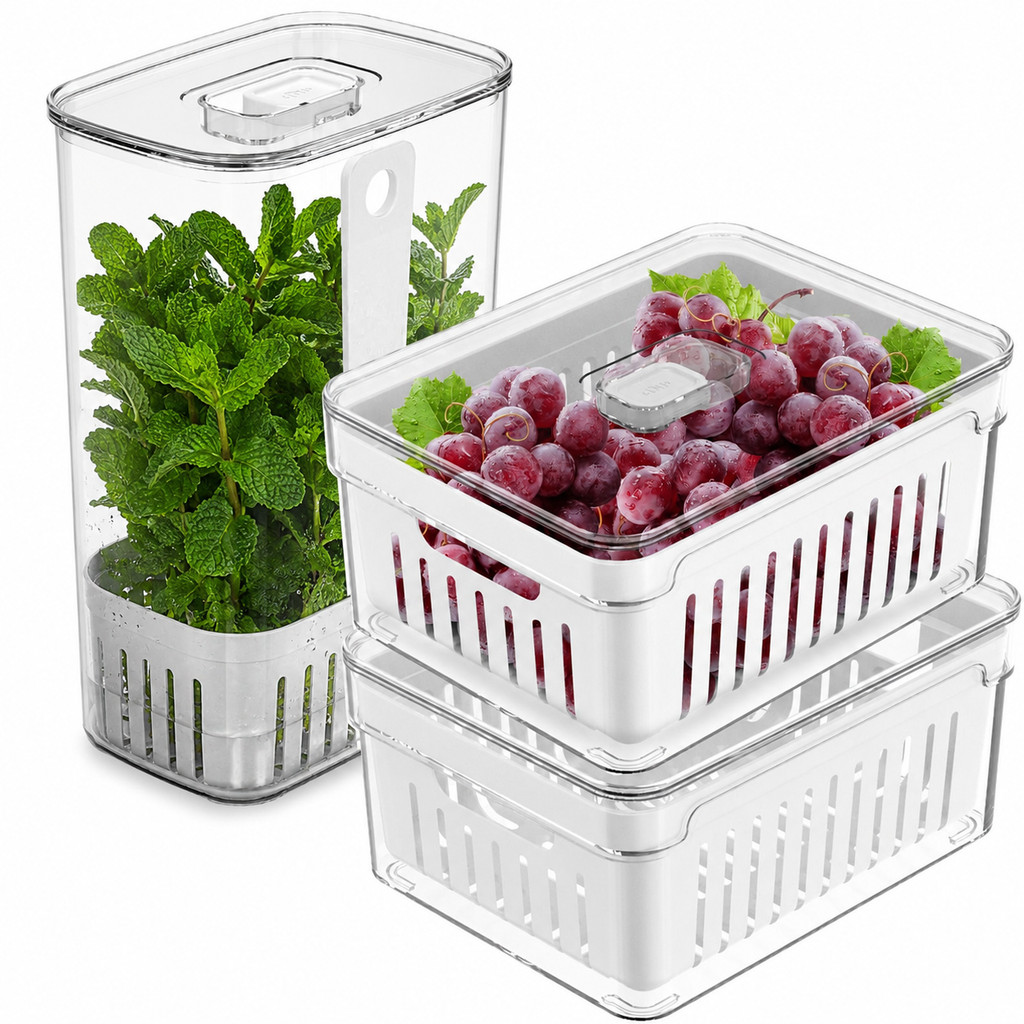 Kit 3 Organizadores Geladeira Potes Herméticos Clear Fresh Tampa Acrílico Frutas Legumes Vegetais