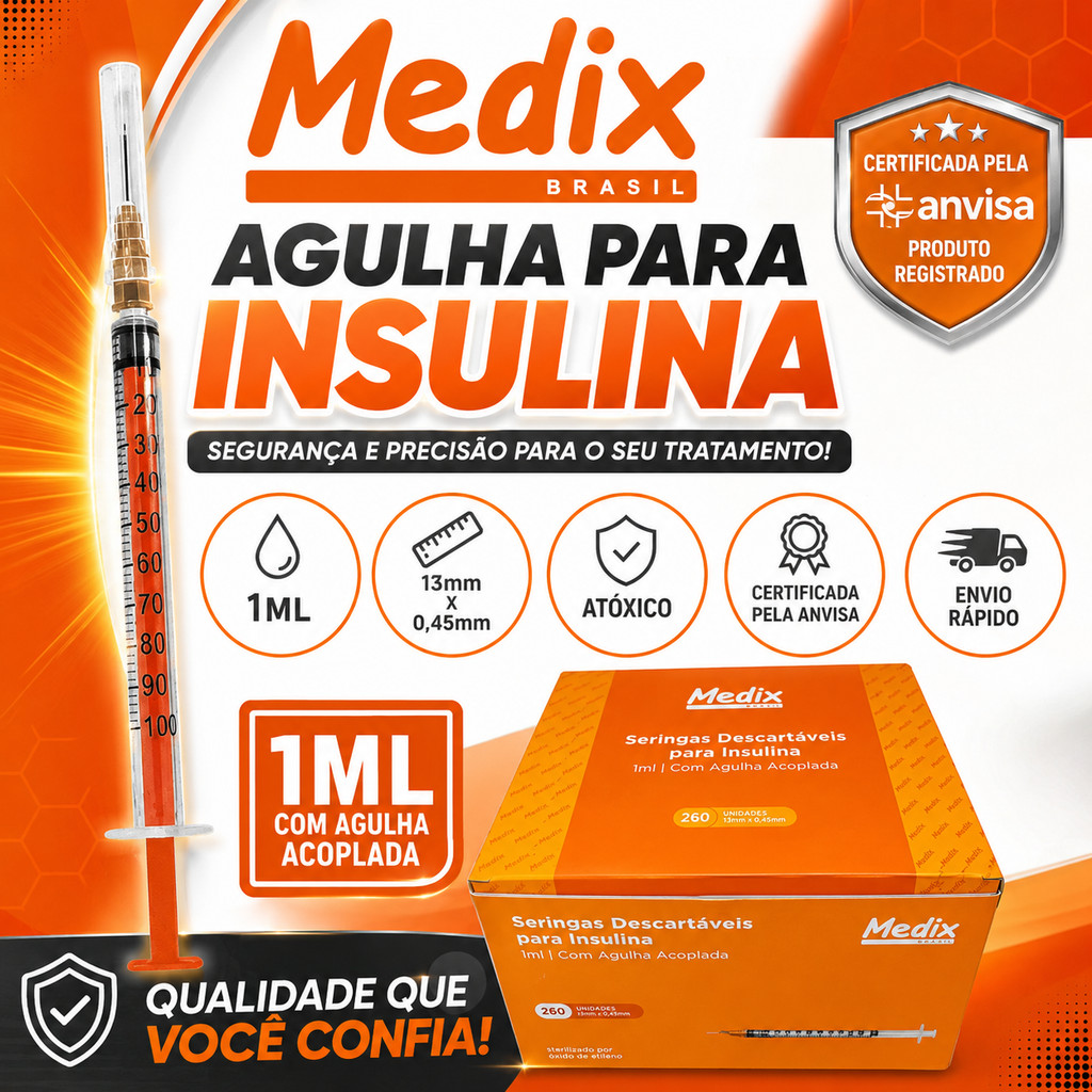 Seringa Insulina MEDIX- 13mmx0,45mm 1ml Capacidade Em Volume 1 Ml