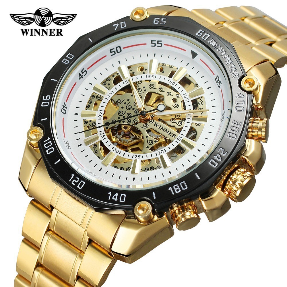 Relógio masculino da marca Winner, relógio mecânico automático esqueleto, relógio com pulseira de aço para homens + pres