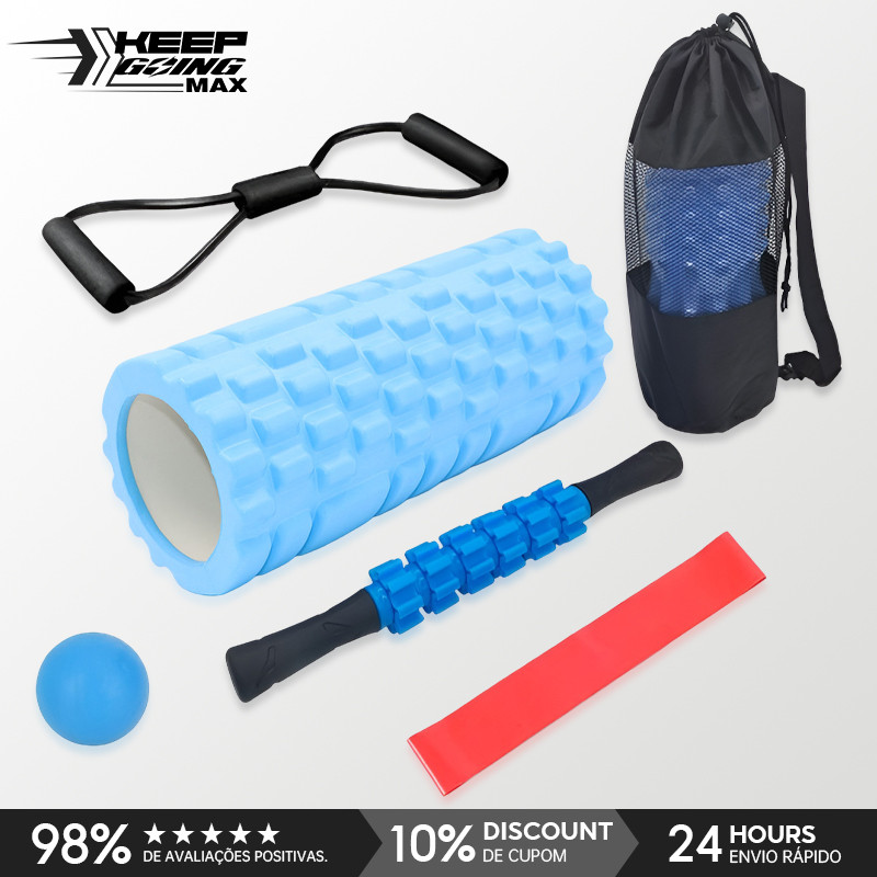 Kit Rolo Massageador Espuma 33cm + Bola, Bastão, Faixa E Bolsa - Liberação Miofascial, Yoga E Recuperação Muscular Acade