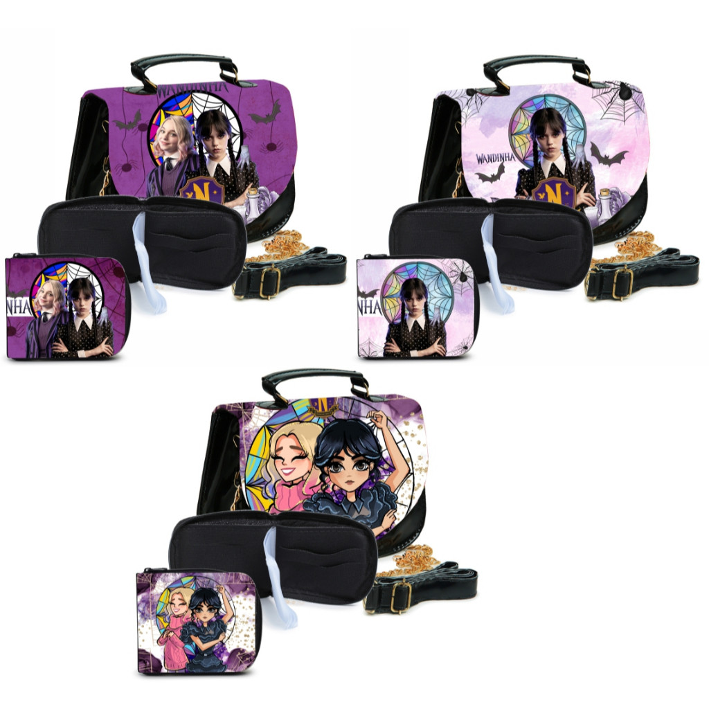 Kit Bolsinha Wandinha Addams Infantil Luxo Com Carteira