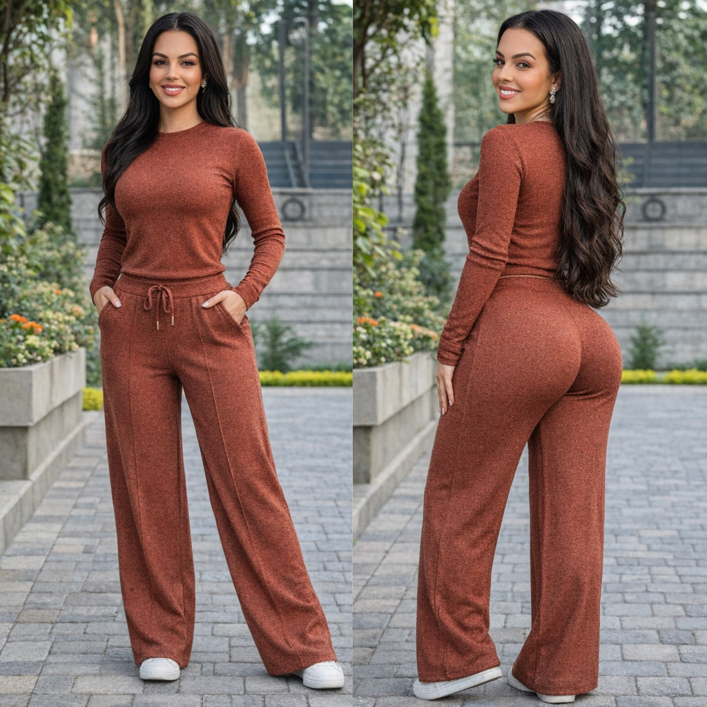 Detalhes do Conjunto de Lãnzinha Cropped Manga Longa e Calça Inverno Moda Casual
